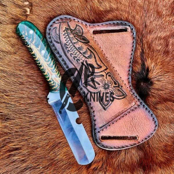 Handmade Green Pine Cone Resin Handle Bullcutter Cowboy Knife